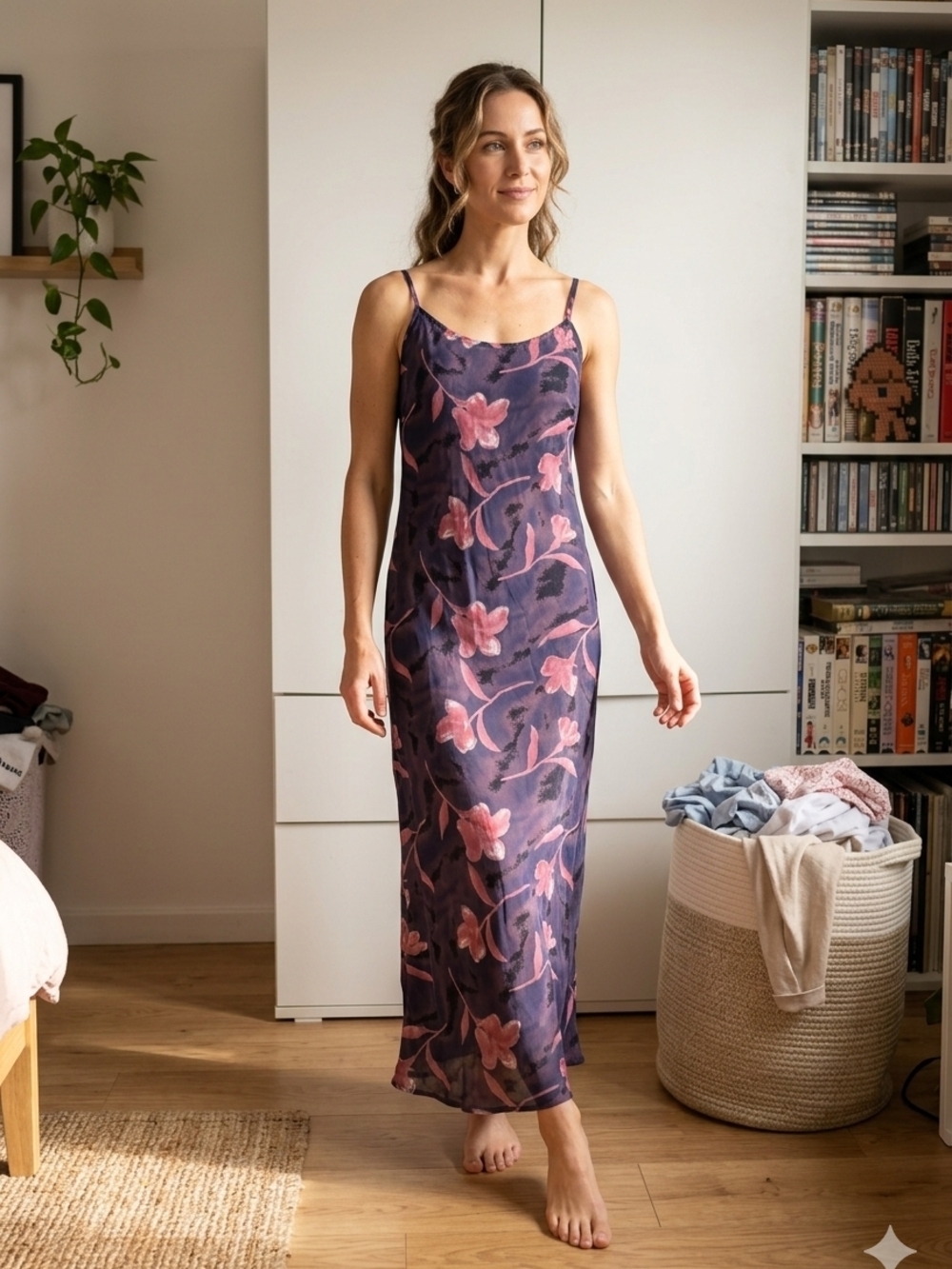 Vintage Julia Floral Print Maxi Midi Dress Purple And Pink Coral Spagetti Strap